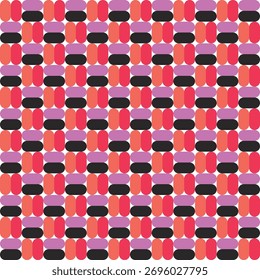Patrón diseñado de rectángulos redondeados negros, coral, naranja, rojo y rosa sobre un fondo blanco