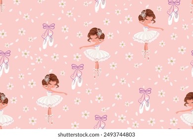 Pattern designed with sweet ballerina and flowers, vector pattern, ballerina pattern design for girls.