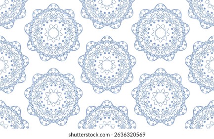 pattern designs with blue mandala flower on white background , design for fabric or various pattern printing works.