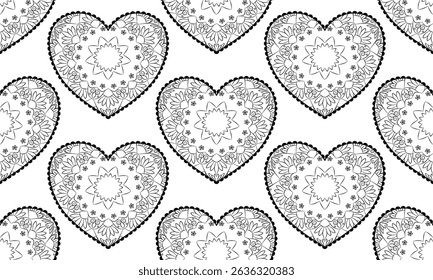 pattern designs with mandala flower and heart shape on white background , design for fabric or various pattern printing works.