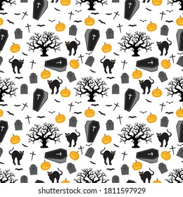 Pattern designs with ornaments for Halloween like illustrations of coffins, pumpkins, black cats and bats