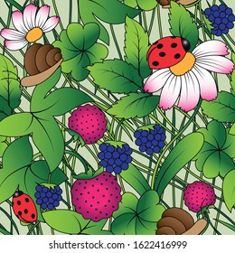Pattern of detail of a meadow with daisies, ladybugs, snails, strawberries, raspberries, four-leaf clovers and blades of grass.