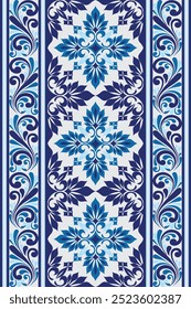 El patrón con una detallada visualización de intrincados patrones geométricos en tonos de azul y blanco, con motivos simétricos que crean un efecto visual armonioso y equilibrado.