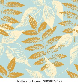 pattern with detailed rowan and ash leaf imprints in ochre yellow and cream white colors on a light blue background, perfect for elegant textile design, summer wallpaper, trendy wrapping paper, fashio