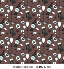 Pattern for detective story related to a woman. Seamless pattern for endpaper of detective book. Lots of clues belonging to a woman. Flat vector illustration