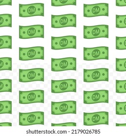 Pattern of deutsche mark banknotes on transparent background with mini doodle (icon) and green color. Vector Illustration