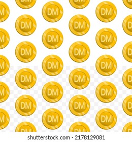 Pattern of deutsche mark currency on transparent background with mini doodle (icons) and gold color. Vector Illustration