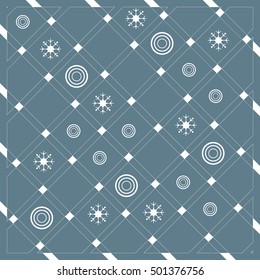 Pattern of diagonal stripes or lines in nice colors with circles and snowflakes. Template for prints, textiles, wrapping, wallpaper, web, paper. Abstract grid texture. Graphic background design.