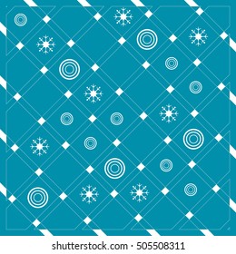 Pattern of diagonal stripes or lines in nice colors with circles and snowflakes. Template for prints, textiles, wrapping, wallpaper, web, paper. Abstract grid texture. Graphic background design.