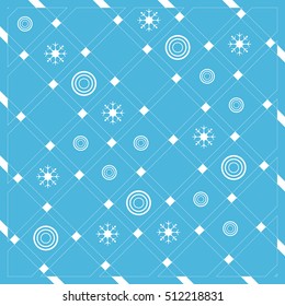 Pattern of diagonal stripes or lines in nice colors with circles and snowflakes. Template for prints, textiles, wrapping, wallpaper, web, paper. Abstract grid texture. Graphic background design.