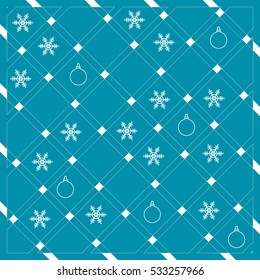 Pattern of diagonal stripes or lines in nice colors with snowflakes and Christmas balls. Abstract grid texture. Graphic background design.