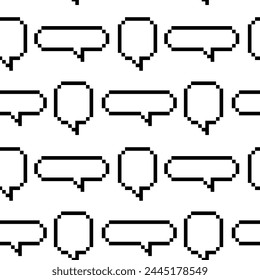 A pattern of dialog clouds in pixels. Dialog bubbles isolated on a white background, Vector illustration in pixel art. Flat black elements in squares. The texture is seamless