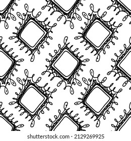 a pattern of a diamond with curls. seamless diamond pattern with irregular spiral lines and strokes drawn in doodle style by hand, isolated black outline often on white for a design template