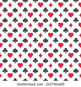 Pattern with Diamonds, Spades, Clubs and Hearts signs. Gambling vector seamless creative background