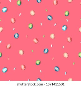 Pattern with diamonds and sparkles on a pink background. Diamonds of different colors: blue, beige, red, green.