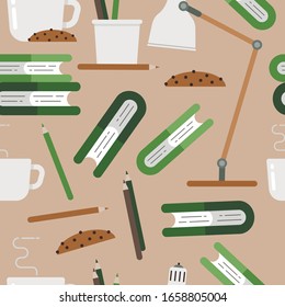  Pattern with diary, pencils, cup of coffee and cookie. Icon for business. Artist table