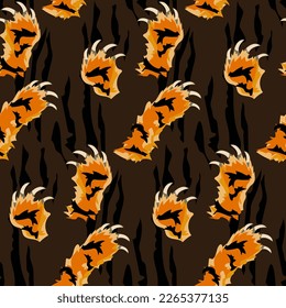 A pattern at different angles of a vector image of a tiger paw cutting the material on a brown background. Abstract illustration, simplified spots in layers the strips are torn Banner printing, flyers