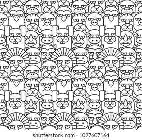 Pattern with different animals, thin line style, flat design.