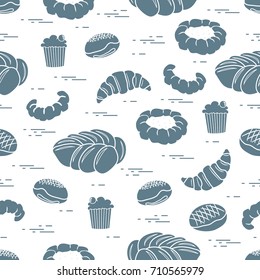Pattern of different bakery products (bun, cheesecake, cupcake, croissant and other). Design for pastry shop, supermarket, bakery.