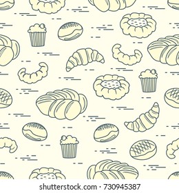Pattern of different bakery products (bun, cheesecake, cupcake, croissant and other). Design for pastry shop, supermarket, bakery.