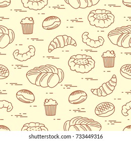 Pattern of different bakery products (bun, cheesecake, cupcake, croissant and other). Design for pastry shop, supermarket, bakery.