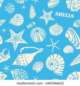 Pattern of different black sea shells and starfish. White outline on blue background