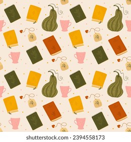 pattern with different books and cups of tea. background with dreamy book atmosphere