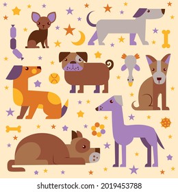 pattern with different breeds of dogs and dog toys and stars