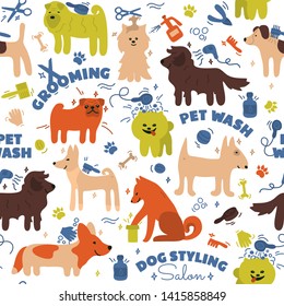 Pattern with different breeds of dogs. Pet care tools. Styling, washing, grooming salon. Hand draw doodle background. Vector illustration of cute home animals. Spitz, akita inu, pug, corgi, shiba inu.