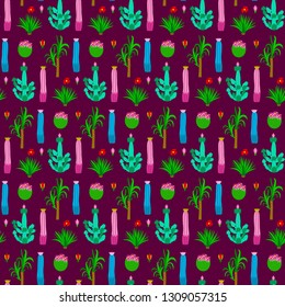 Pattern with different cactus. Vector illustration of texture on red.