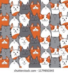 Pattern of different cats. Mile seals with different color. Red cat. Black cats. Striped cats. Vector illustration.