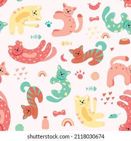 Pattern of different cats and portraits of a domestic pet animal. Cute funny kitten. Vector illustration