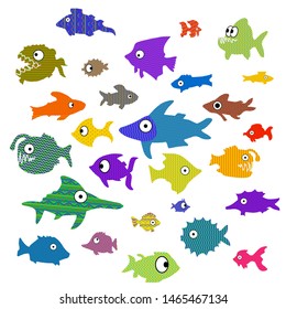 Pattern with different color cartoon fishes on white background. Vector.