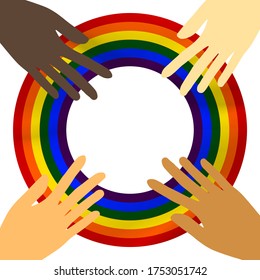Pattern with different color hands on white background. LGBT icons. Flag LGBT, hearts. Template design, vector illustration. Love wins. Logo rainbow symbols. Gay pride collection. Colorful banner. 
