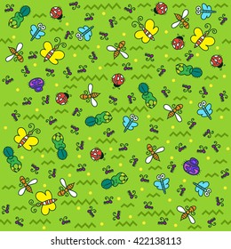 Pattern, the different colored insects are on a green grass