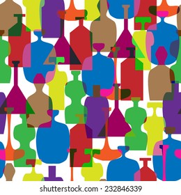 Pattern with different colorful bottles on white background