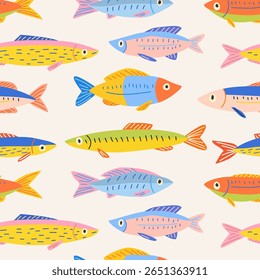 Pattern of different of colorful sardines and fishes. Fish products in a bright doodle style. Perfect for packaging, prints, textiles, menu, backgrounds, cards, and summer illustrations.