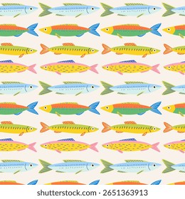 Pattern of different of colorful sardines and fishes. Fish products in a bright doodle style. Perfect for packaging, prints, textiles, menu, backgrounds, cards, and summer illustrations.
