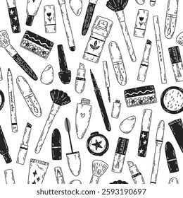 Pattern with different cosmetics. Face makeup tools doodles seamless texture. Cute cartoon mascaras, liners, lipsticks, lip gloss, shadows. Vector hand-drawn beauty background with line illustrations 