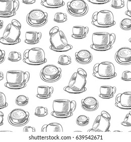 Pattern of different cups with saucer in black ink on a white background