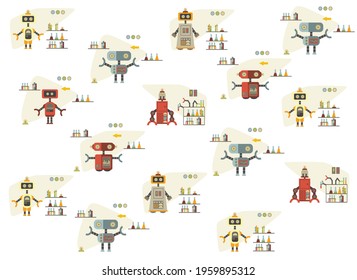 pattern with different cute cartoon robots. 
