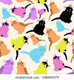 A pattern with different cute multi-colored kittens. kittens of bright colors on beige background