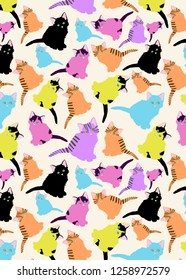 A pattern with different cute multi-colored kittens. kittens of bright colors on beige background