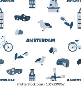 Pattern with different elements and landmarks of Netherlands