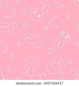 Pattern with different emotion rabbits in pink. Vector illustration