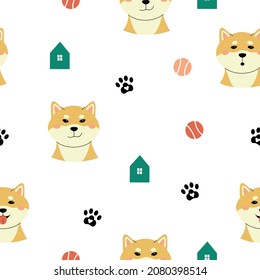 A pattern with different emotions of shiba inu. Minimalistic cute dog in hand drawn style in pastel shades. Perfect for wallpaper, packaging, textiles or nursery advertising