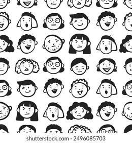 Pattern with different emotions. Vector seamless texture with doodles of faces. Hand-drawn cartoon portraits