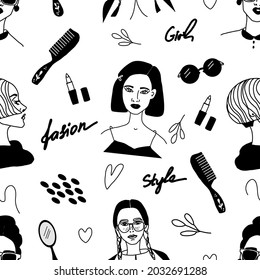 The pattern is different faces of girls with glasses, comb, lipstick, mirror, inscriptions on a white background. For wallpaper, packaging, fabric.