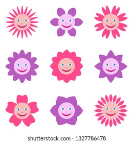Pattern with different flowers with human smiling faces. Multicolored illustration in cartoon style on white background. Vector EPS10