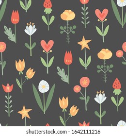 Pattern with different flowers. Seamless vector texture on black background